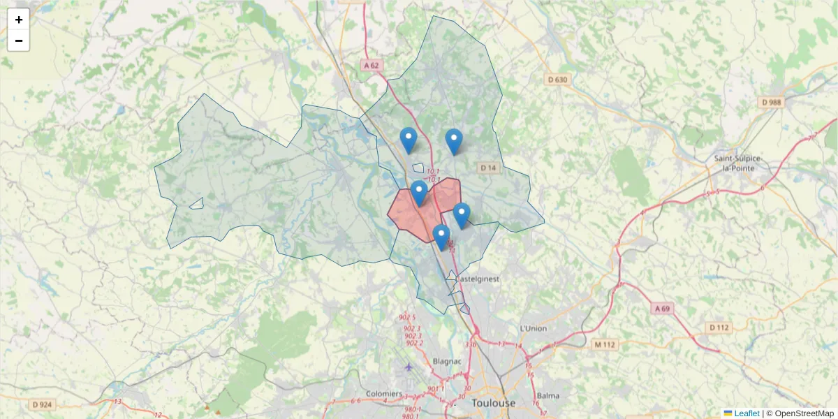 Carte de la zone du code postal  et des codes postaux voisins en France