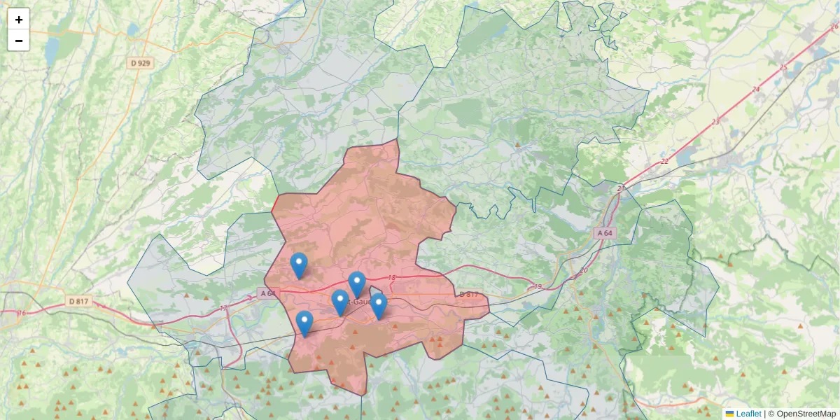 Carte de la zone du code postal  et des codes postaux voisins en France
