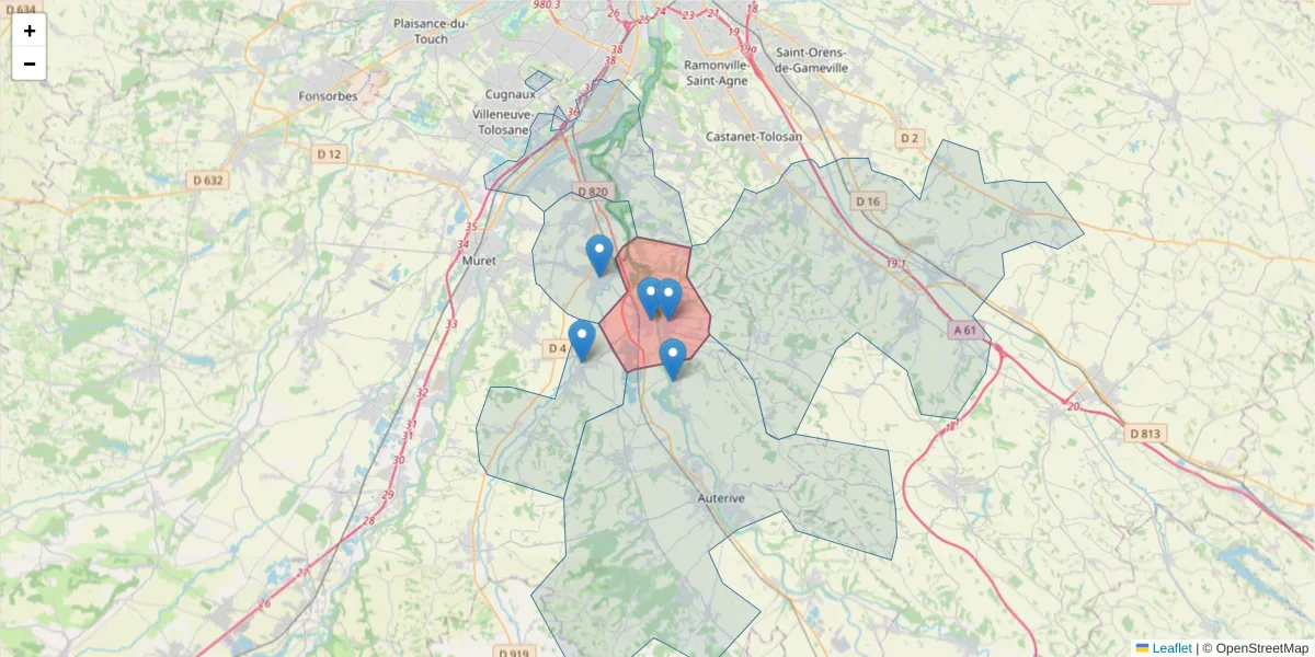 Carte de la zone du code postal  et des codes postaux voisins en France