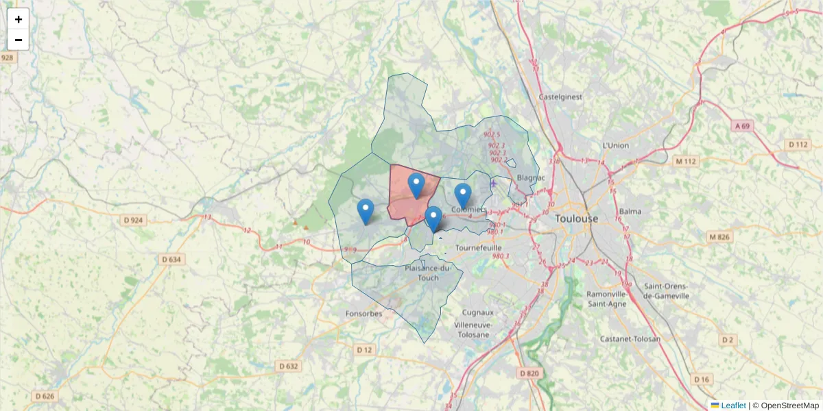 Carte de la zone du code postal  et des codes postaux voisins en France