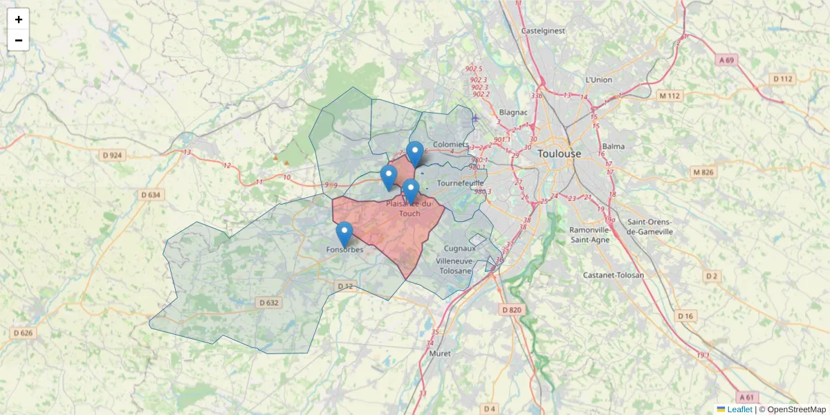 Carte de la zone du code postal  et des codes postaux voisins en France