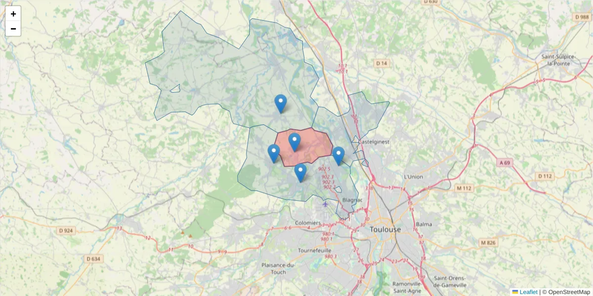 Carte de la zone du code postal  et des codes postaux voisins en France