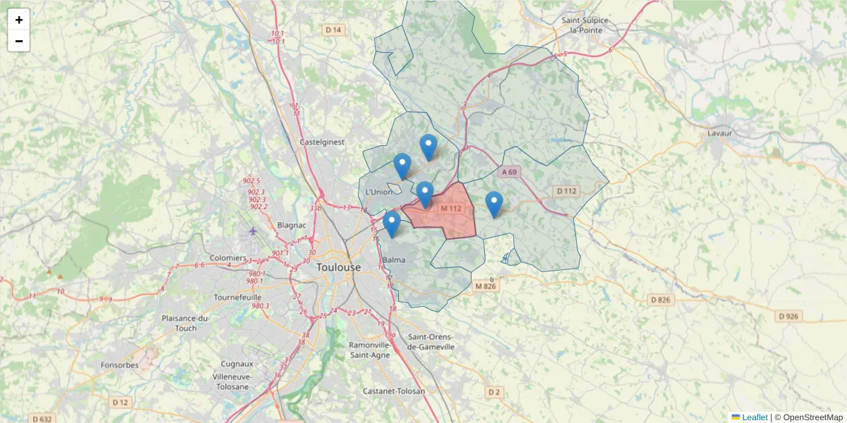 Carte de la zone du code postal  et des codes postaux voisins en France