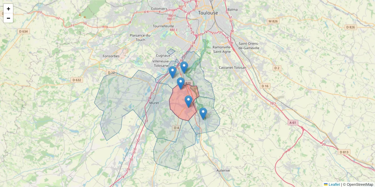 Carte de la zone du code postal  et des codes postaux voisins en France