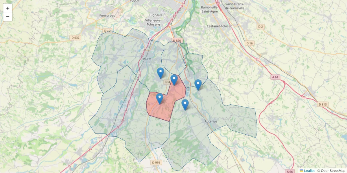 Carte de la zone du code postal  et des codes postaux voisins en France