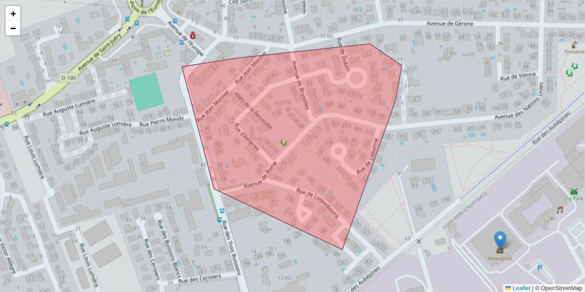 Carte de la zone du code postal  et des codes postaux voisins en France