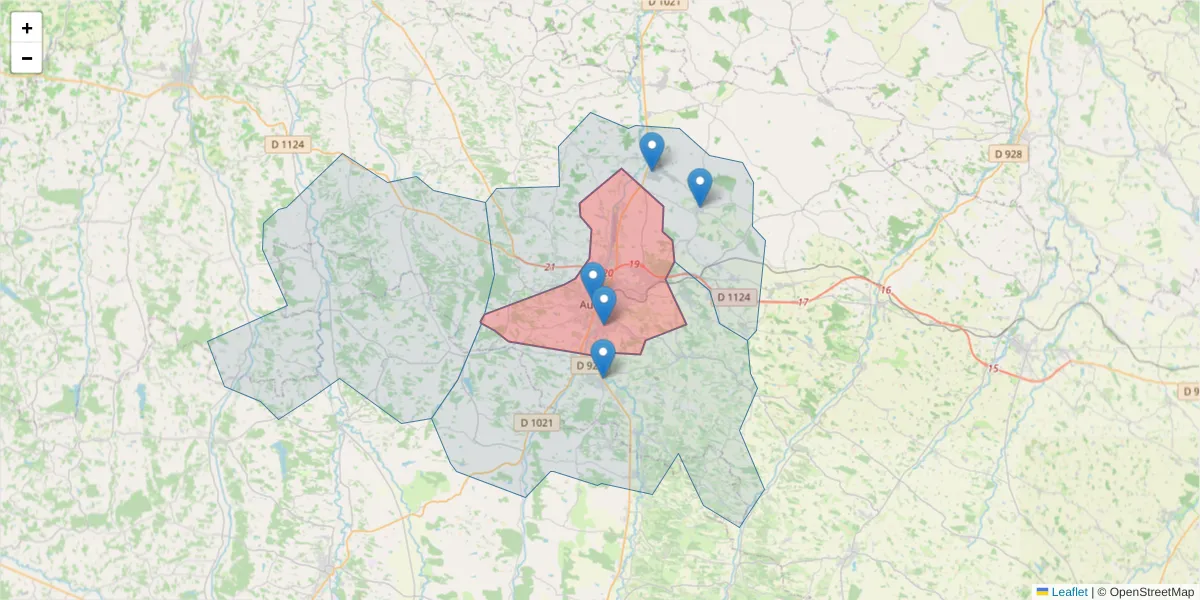 Carte de la zone du code postal  et des codes postaux voisins en France