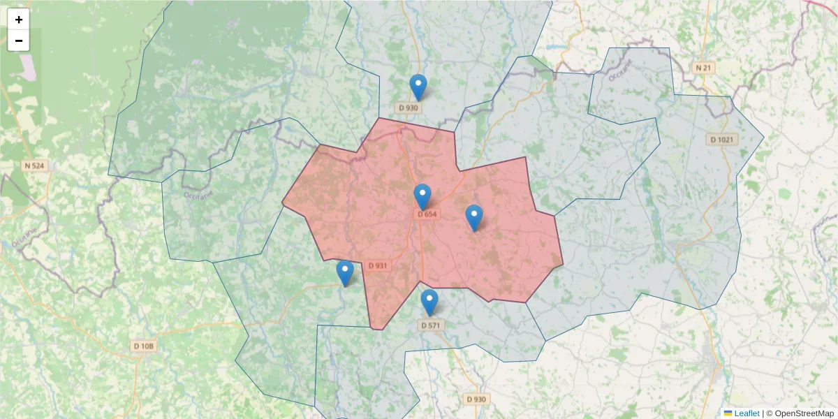 Carte de la zone du code postal  et des codes postaux voisins en France
