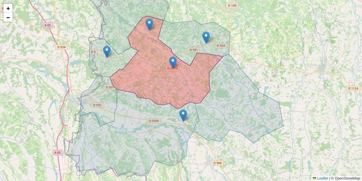 Carte de la zone du code postal  et des codes postaux voisins en France