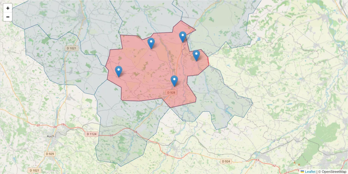 Carte de la zone du code postal  et des codes postaux voisins en France