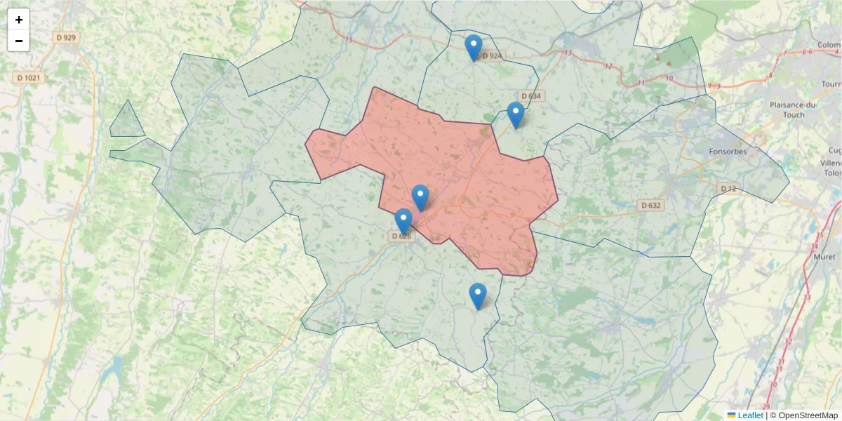 Carte de la zone du code postal  et des codes postaux voisins en France