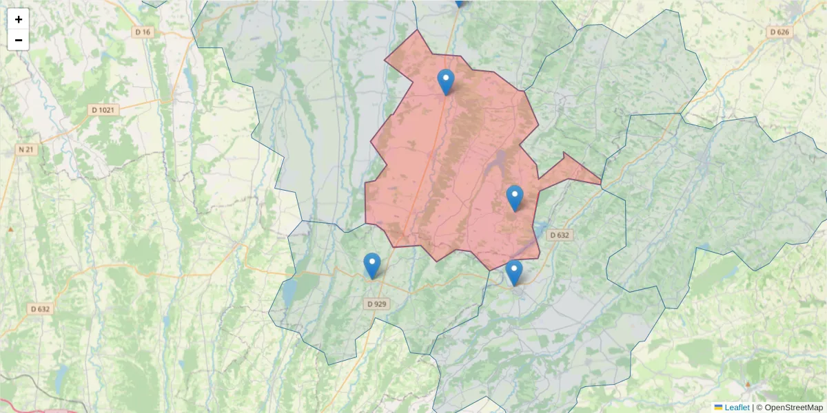 Carte de la zone du code postal  et des codes postaux voisins en France