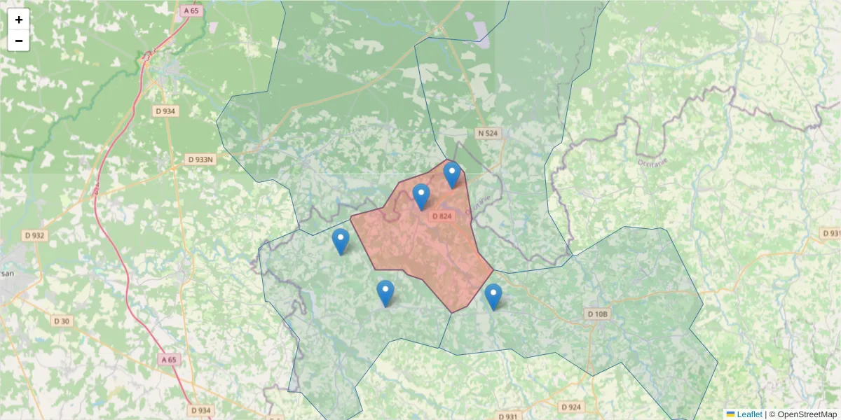 Carte de la zone du code postal  et des codes postaux voisins en France