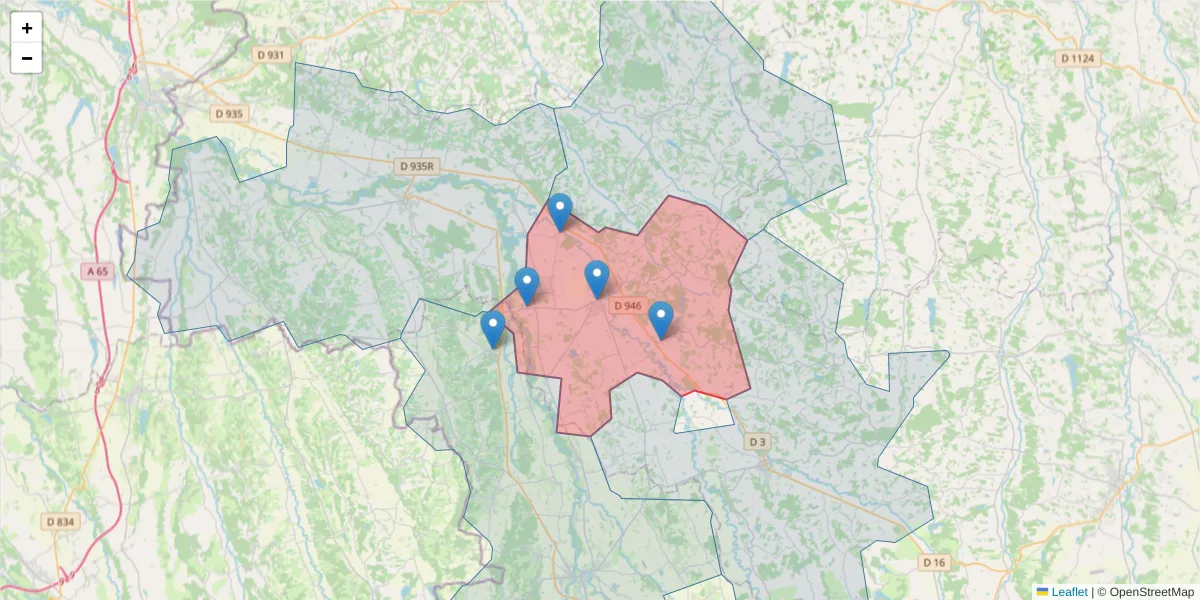 Carte de la zone du code postal  et des codes postaux voisins en France