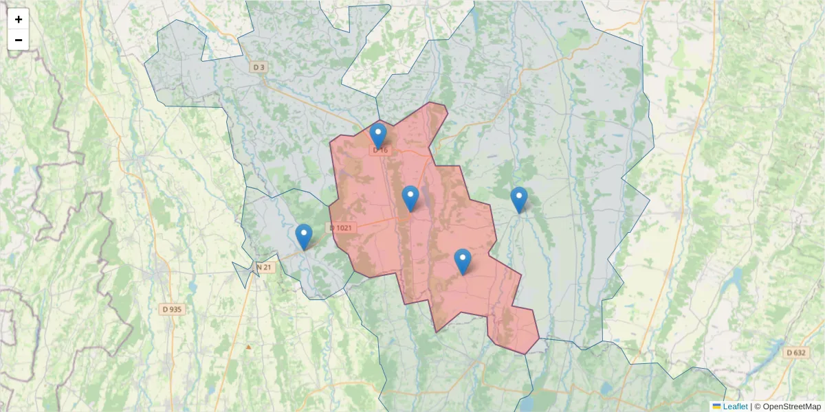 Carte de la zone du code postal  et des codes postaux voisins en France