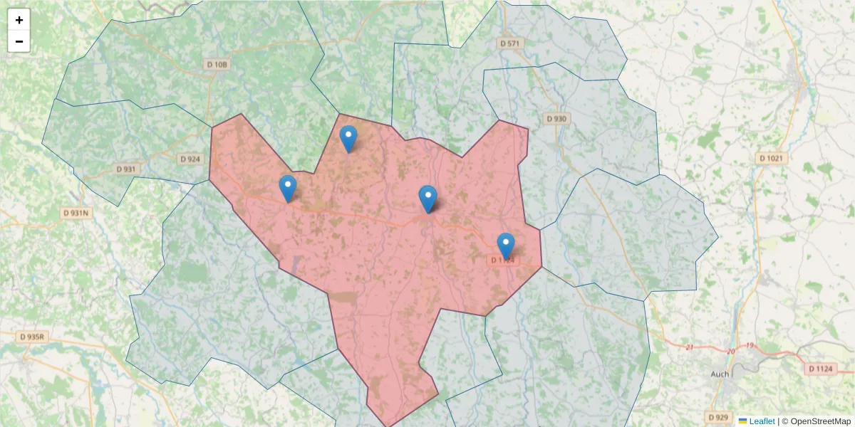Carte de la zone du code postal  et des codes postaux voisins en France