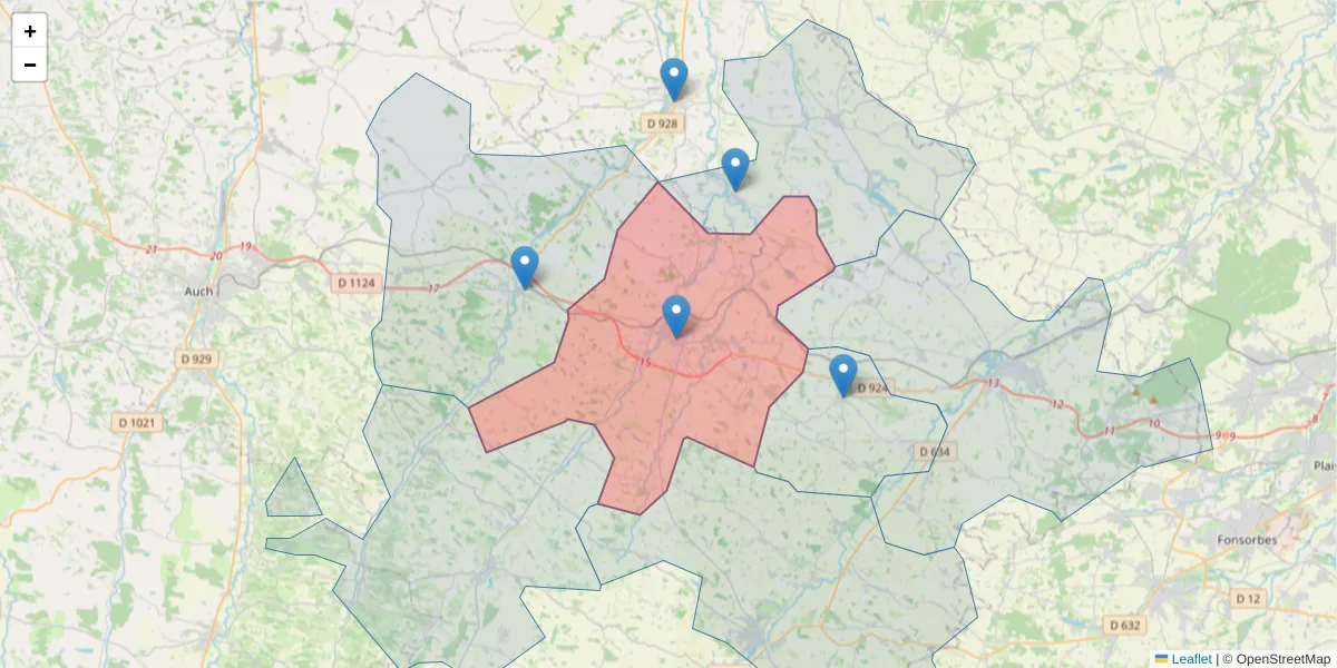 Carte de la zone du code postal  et des codes postaux voisins en France