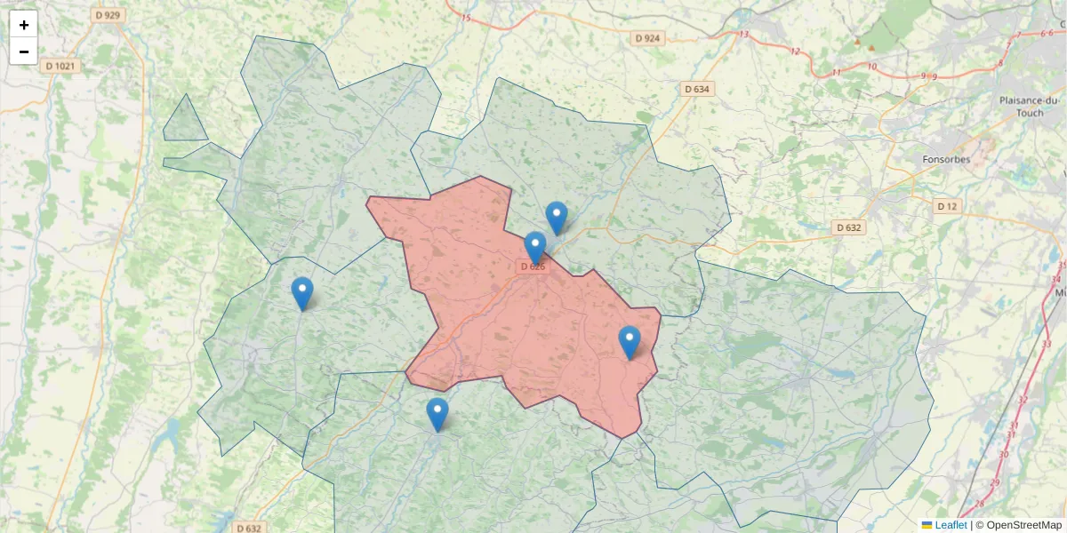 Carte de la zone du code postal  et des codes postaux voisins en France