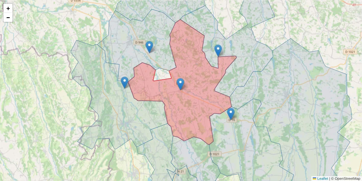 Carte de la zone du code postal  et des codes postaux voisins en France
