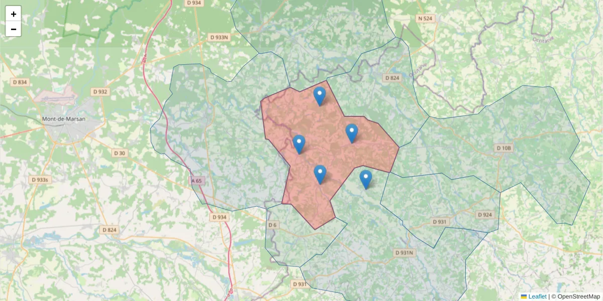 Carte de la zone du code postal  et des codes postaux voisins en France