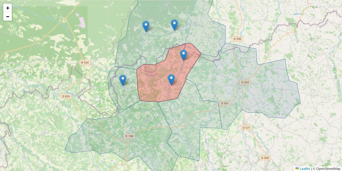 Carte de la zone du code postal  et des codes postaux voisins en France