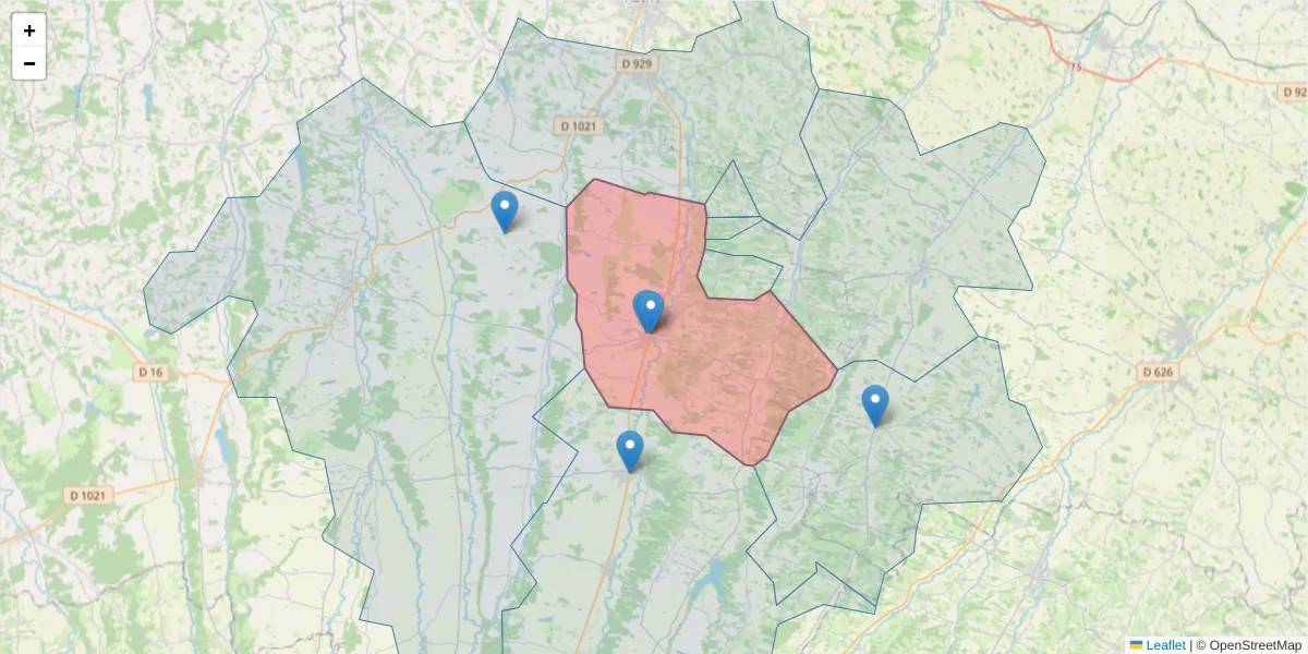 Carte de la zone du code postal  et des codes postaux voisins en France