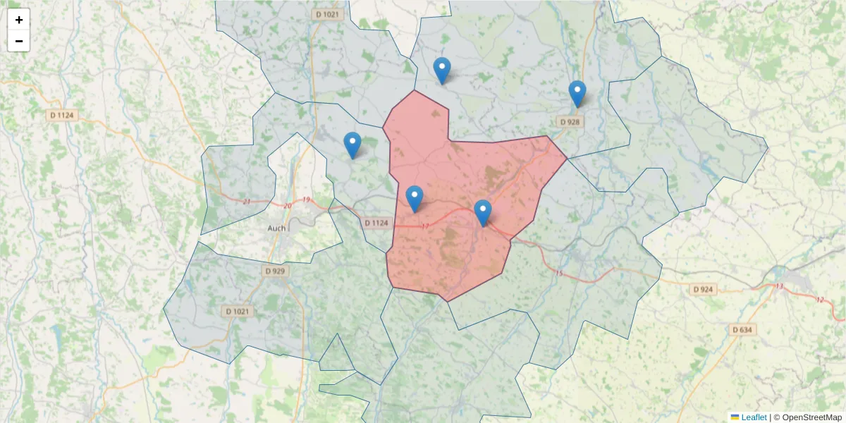 Carte de la zone du code postal  et des codes postaux voisins en France