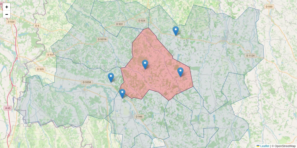 Carte de la zone du code postal  et des codes postaux voisins en France