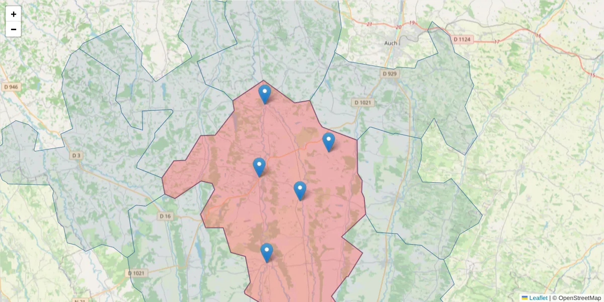 Carte de la zone du code postal  et des codes postaux voisins en France