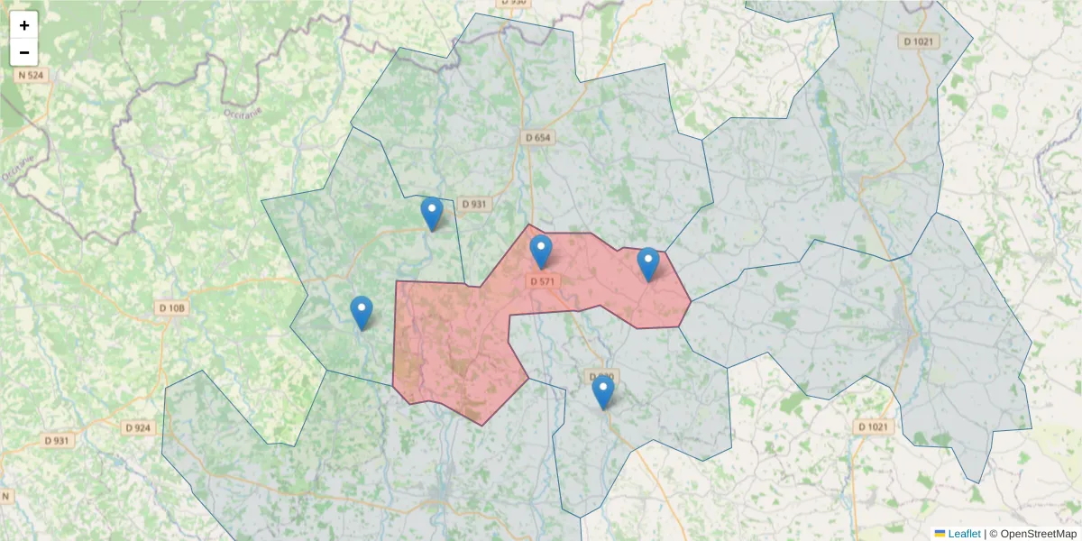Carte de la zone du code postal  et des codes postaux voisins en France