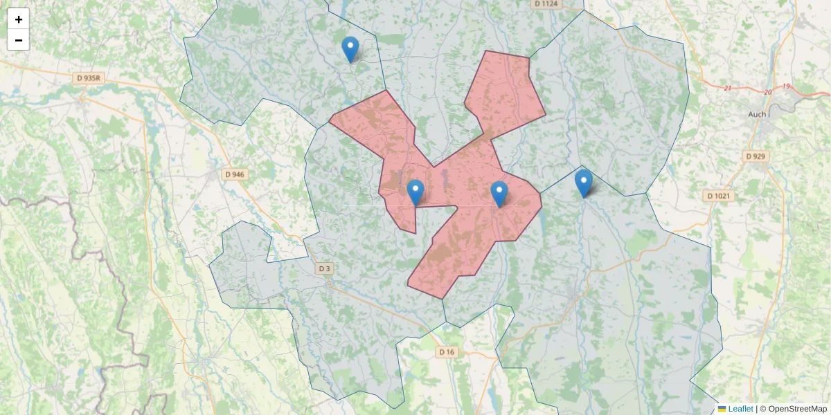 Carte de la zone du code postal  et des codes postaux voisins en France