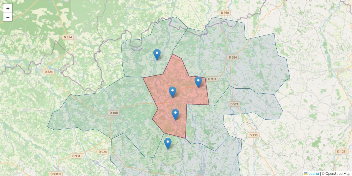 Carte de la zone du code postal  et des codes postaux voisins en France