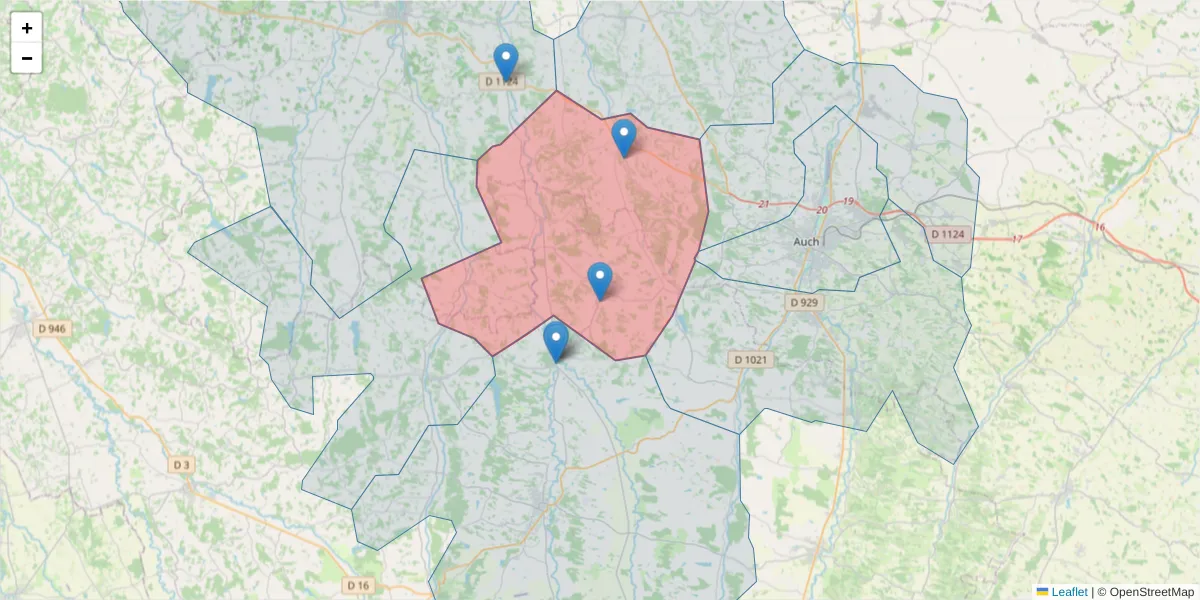 Carte de la zone du code postal  et des codes postaux voisins en France