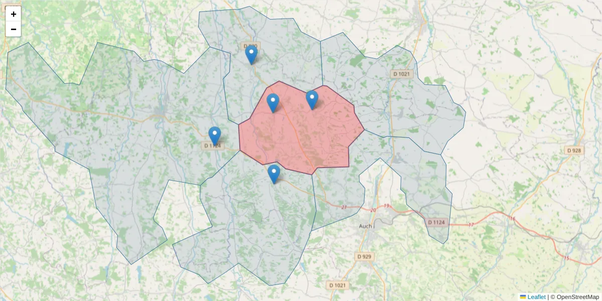 Carte de la zone du code postal  et des codes postaux voisins en France