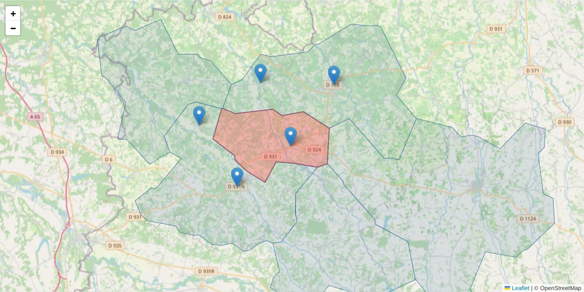 Carte de la zone du code postal  et des codes postaux voisins en France