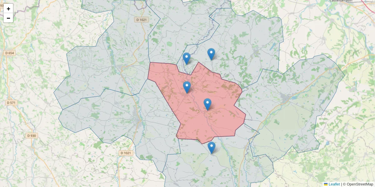 Carte de la zone du code postal  et des codes postaux voisins en France