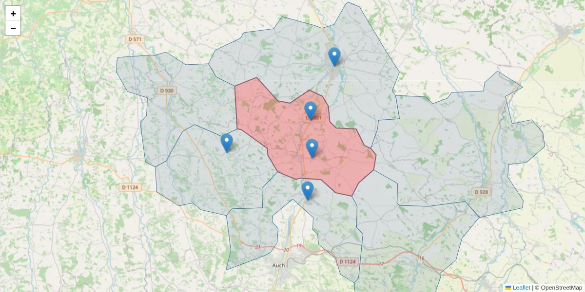 Carte de la zone du code postal  et des codes postaux voisins en France