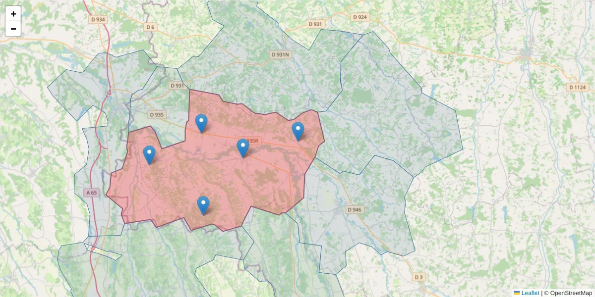 Carte de la zone du code postal  et des codes postaux voisins en France