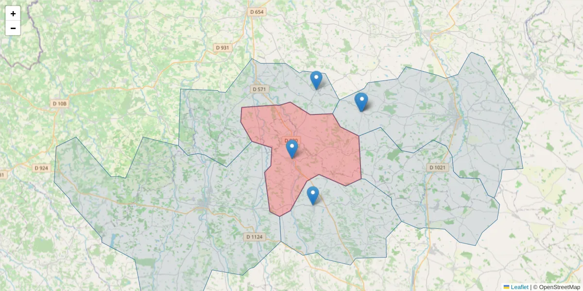 Carte de la zone du code postal  et des codes postaux voisins en France
