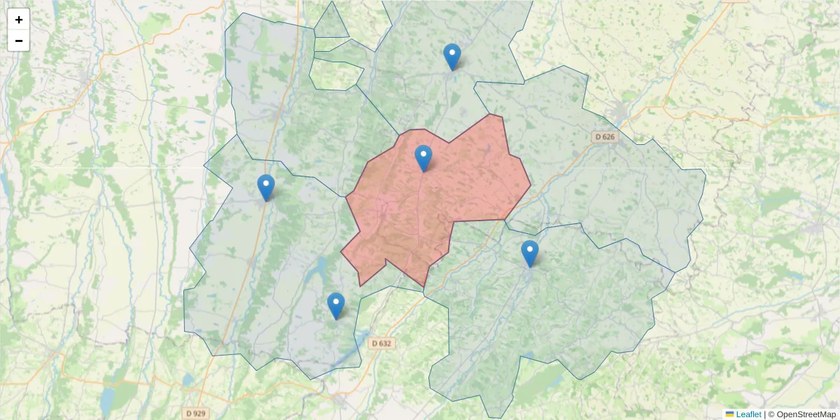 Carte de la zone du code postal  et des codes postaux voisins en France