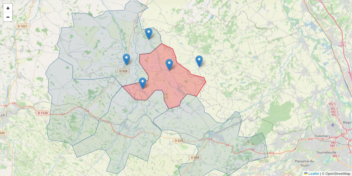 Carte de la zone du code postal  et des codes postaux voisins en France