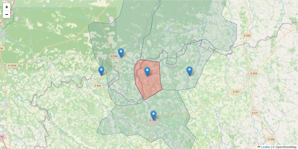 Carte de la zone du code postal  et des codes postaux voisins en France