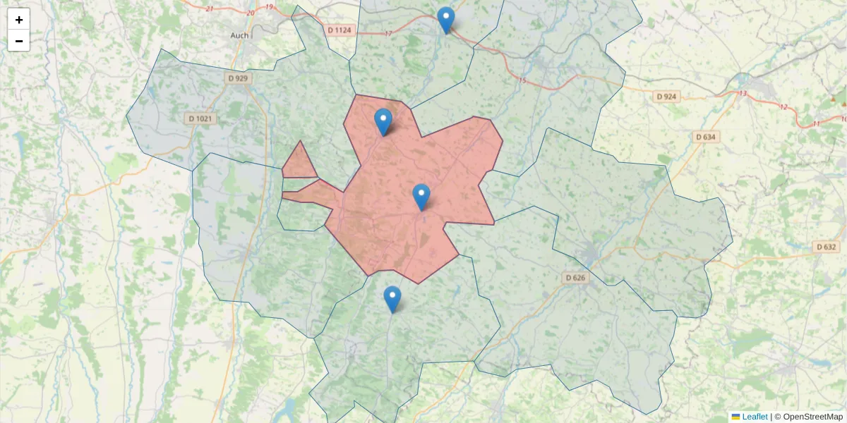 Carte de la zone du code postal  et des codes postaux voisins en France