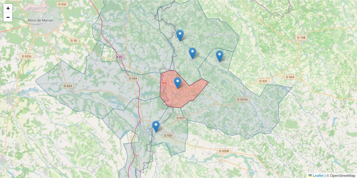 Carte de la zone du code postal  et des codes postaux voisins en France