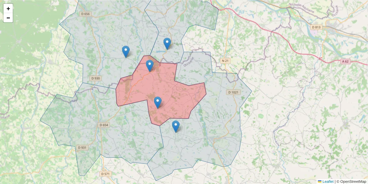 Carte de la zone du code postal  et des codes postaux voisins en France