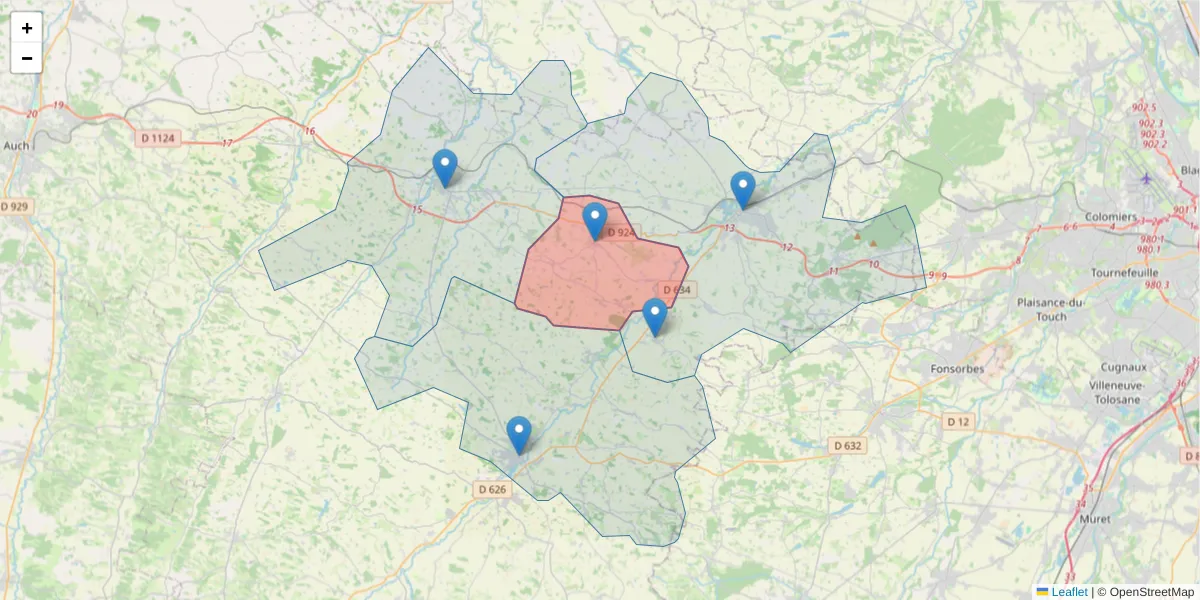 Carte de la zone du code postal  et des codes postaux voisins en France