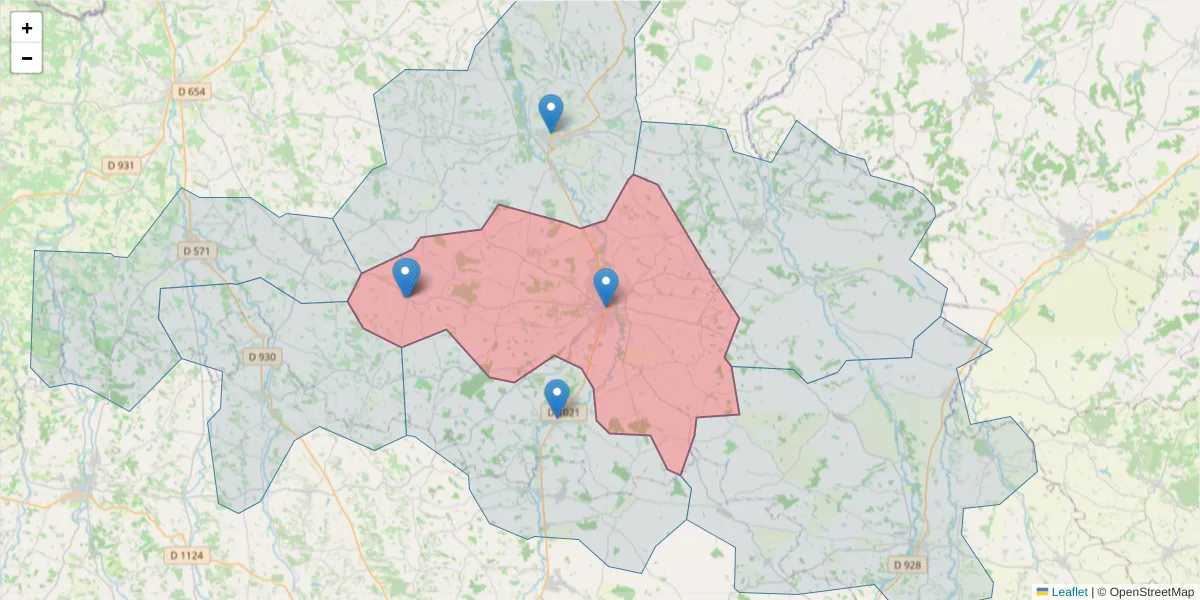 Carte de la zone du code postal  et des codes postaux voisins en France