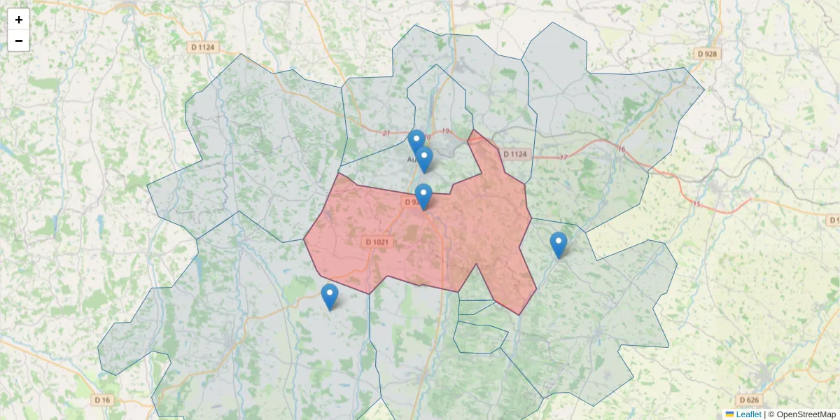 Carte de la zone du code postal  et des codes postaux voisins en France