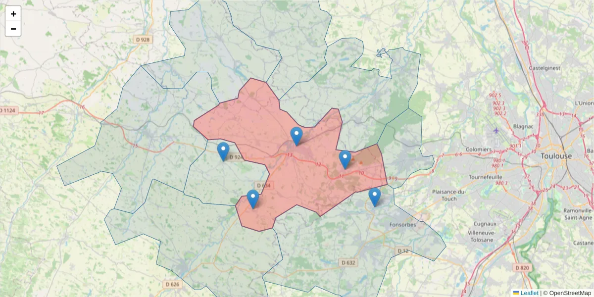 Carte de la zone du code postal  et des codes postaux voisins en France