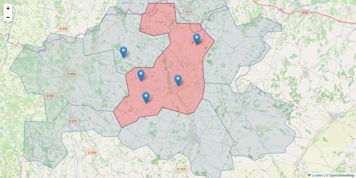 Carte de la zone du code postal  et des codes postaux voisins en France